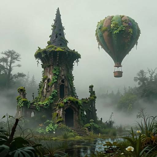 Fantastical digital painting of a moss-covered, turreted wooden tower beside a foggy lake with a floating, plant-adorned hot air