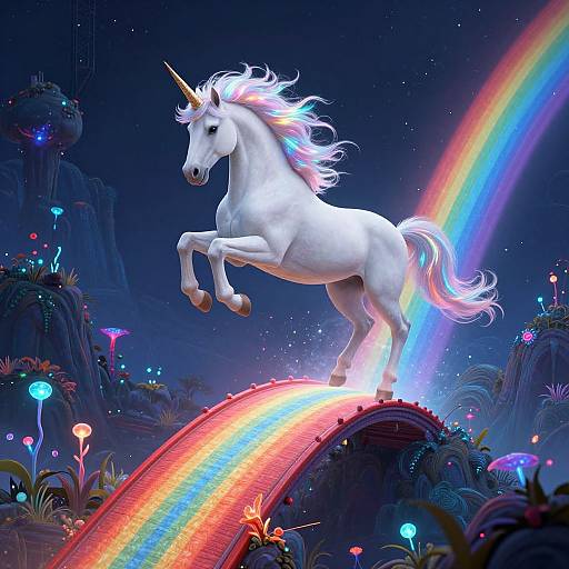 Digital fantasy artwork: A majestic, white unicorn with a glowing horn leaps over a vibrant rainbow arch, surrounded by colorful, glowing flora in a mystical,