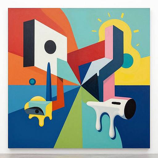 Abstract geometric artwork with bold colors: red, blue, yellow, white, black shapes, a dripping white figure, sun, and geometric patterns.