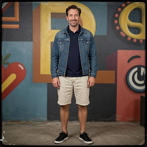Photograph of a smiling, bearded man in a denim jacket, black polo, beige shorts, and black sneakers, standing against a colorful, abstract