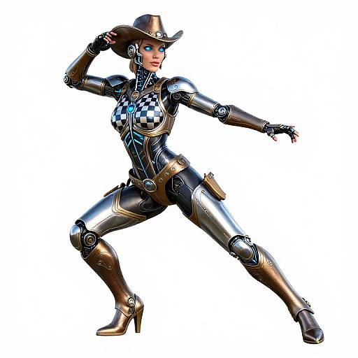 CGI image of a cybernetic woman in a shiny black and gold bodysuit, checkered chest, brown cowboy hat, high heels,