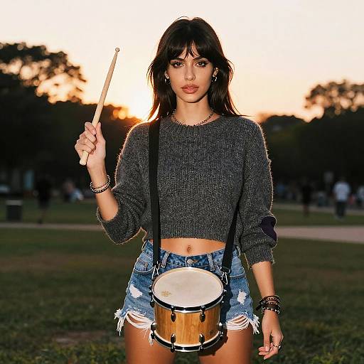 Slim Woman in Streetwear with Drumsticks