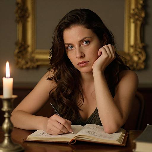Photograph of a pensive brunette woman with blue eyes, in black lace top, writing in an open book by candlelight, gold-framed mirror