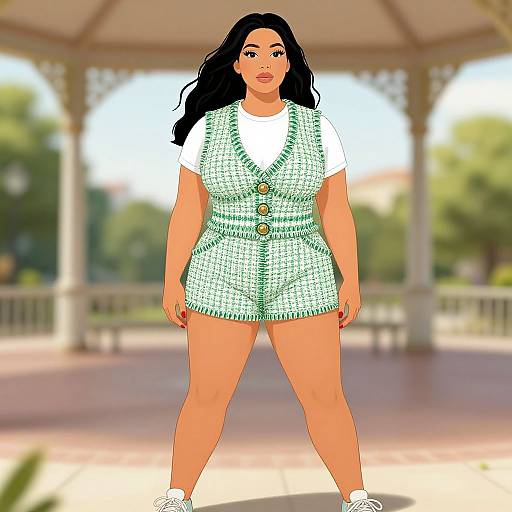Digital illustration of a plus-size woman with long black hair, wearing a green-checkered romper, white shirt, and white sneakers, standing confidently in