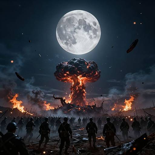 Photograph-style digital artwork of a dramatic moonlit battlefield, with a massive explosion at center, silhouetted soldiers, and fiery flames.