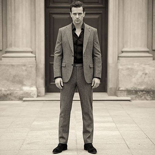 Photograph of a serious, dark-haired man in a textured gray suit, black shirt, standing in front of a stone building's dark wooden door.
