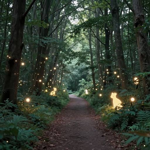 Photograph of a forest path lined with glowing fairy lights, casting a magical, ethereal glow through tall trees and dense greenery.