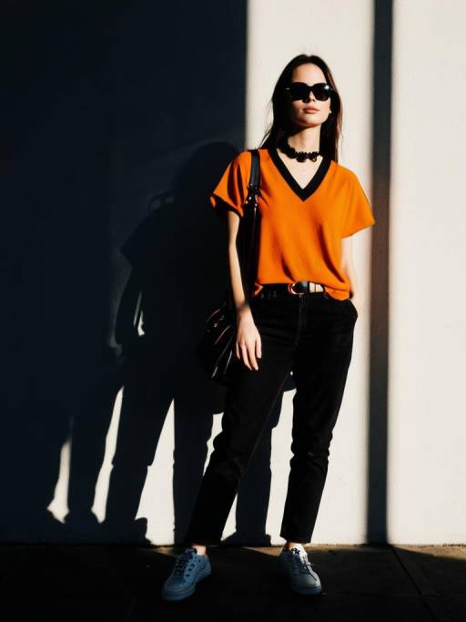 Stylish woman in orange top and black jeans