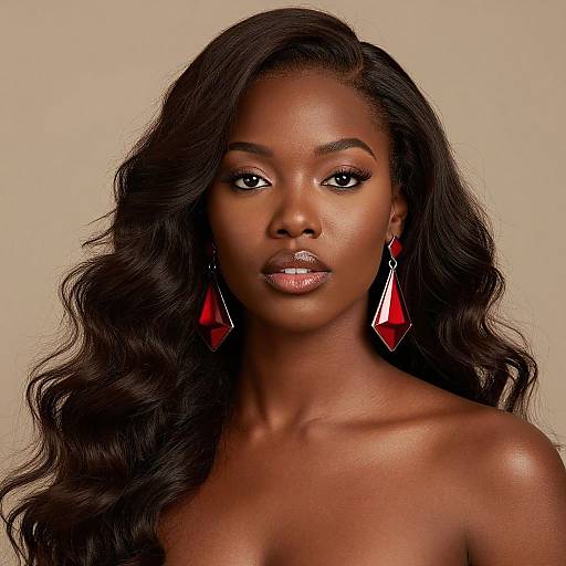 Photograph of a beautiful Black woman with long, wavy black hair, wearing red geometric earrings, and glossy brown lipstick, against a plain beige background