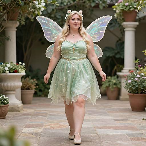 Photograph of a plus-size blonde woman with fair skin, wearing a green fairy dress, transparent wings, flower crown, and white shoes, walking in