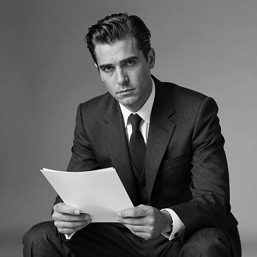 Serious Man in Suit Holding Paper