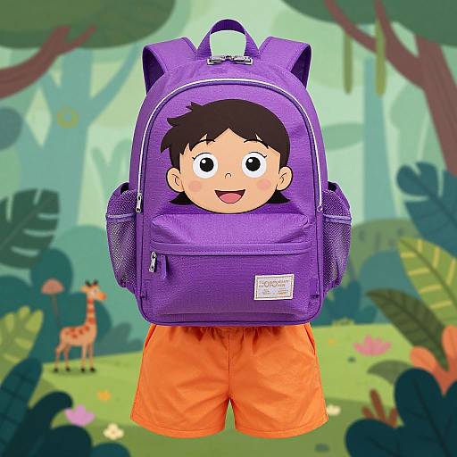 Cartoon image of a smiling Asian boy with black hair, wearing an orange shirt and purple backpack, in a colorful jungle background.
