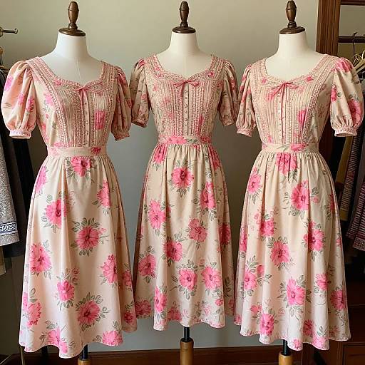 Photograph of three mannequins displaying vintage-style dresses with pink floral patterns and puffed sleeves, set against a plain background.