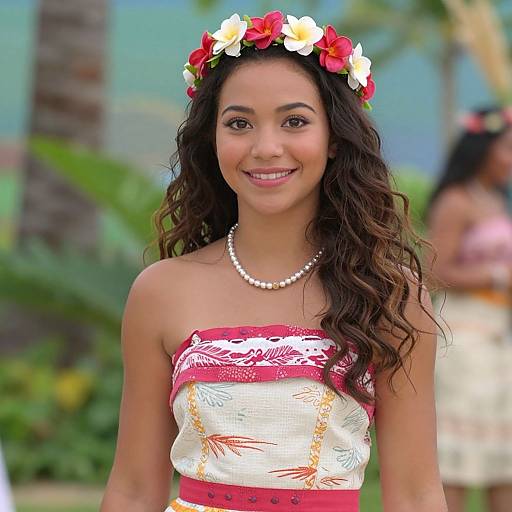 Photograph of a smiling young woman with long, wavy dark hair, wearing a white and red floral strapless dress, pearl necklace, and a