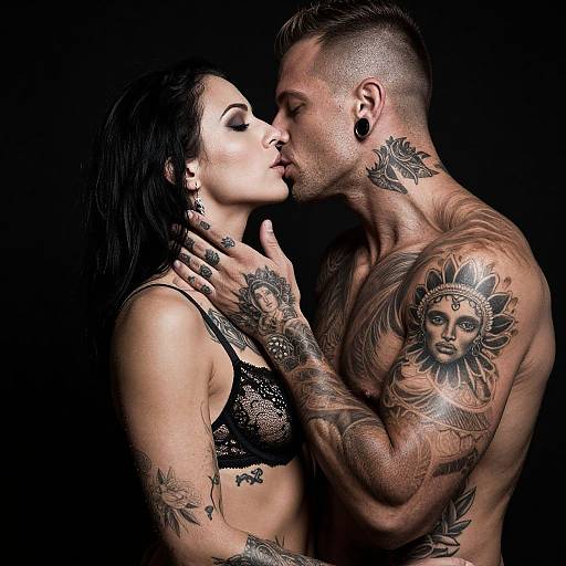 Photograph of a tattooed, muscular couple kissing passionately, black background; woman in lace bra, man shirtless, intricate sun and floral tattoos.