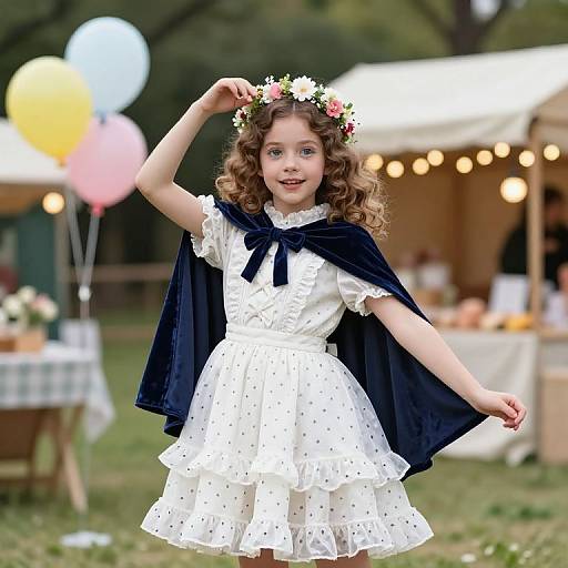 Photograph of a curly-haired young girl wearing a white polka-dot dress, navy cape, and flower crown, standing outdoors at a garden festival with