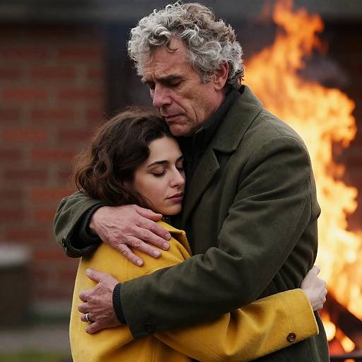 Emotional Embrace Amidst Fiery Background