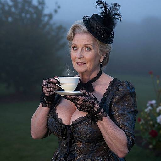 Elegant elderly woman with blonde hair, black lace dress, gloves, and hat, holding a steaming teacup outdoors in a foggy garden