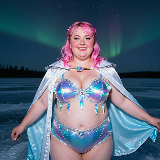 Photograph of a smiling, plus-sized woman with pink hair, wearing a shimmering blue bikini and white cape, standing in a snowy landscape with green