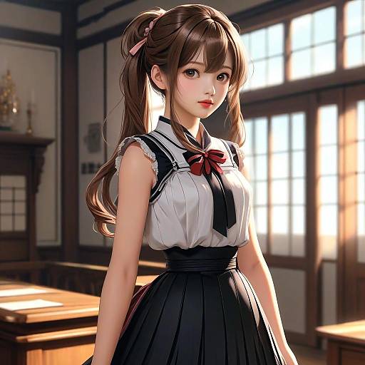 Digital anime-style illustration of a young Japanese woman with brown hair in twin ponytails, wearing a white blouse with black sailor collar and red bow, black