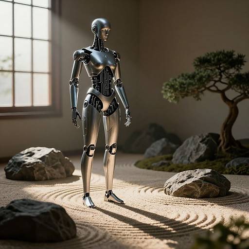 Photograph of a sleek, metallic humanoid robot standing in a sunlit, rock-filled Zen garden with a bonsai tree and window.