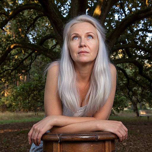 Photograph of an older white woman with long silver hair, blue eyes, wearing a gray top, leaning on a wooden stool, looking upwards, surrounded