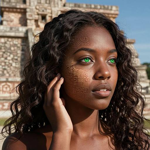 Photograph of a dark-skinned woman with green eyes, long curly black hair, and intricate brown geometric tattoos on her cheek, touching her face,