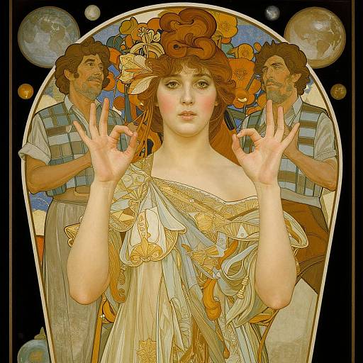 Art Nouveau-style digital illustration of a fair-skinned woman with red hair, floral headpiece, and golden dress, hands raised, flanked by