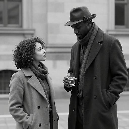 B&W Curly-Haired Woman Beside Man Holding Glass