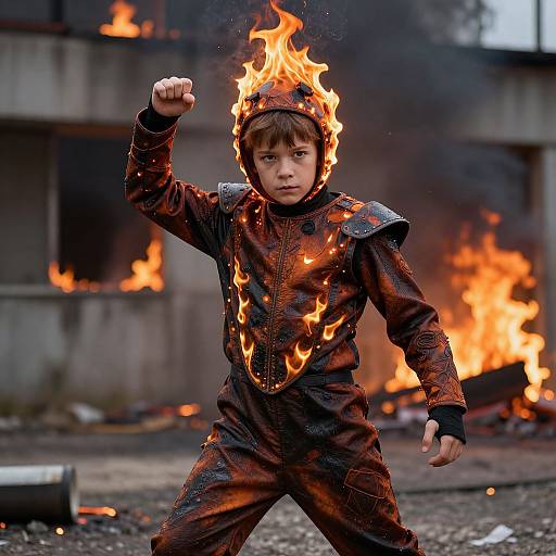 Photograph of a young boy with fiery helmet and suit, standing defiantly in front of burning building, fist raised, intense expression.
