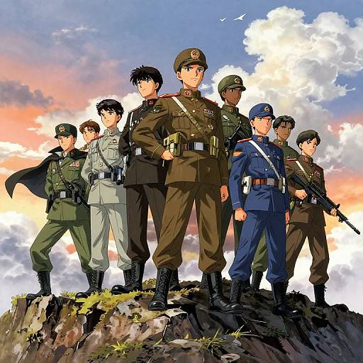 Anime-style illustration of seven soldiers in various military uniforms standing on a rocky cliff at sunset, holding rifles, with a dramatic sky backdrop.