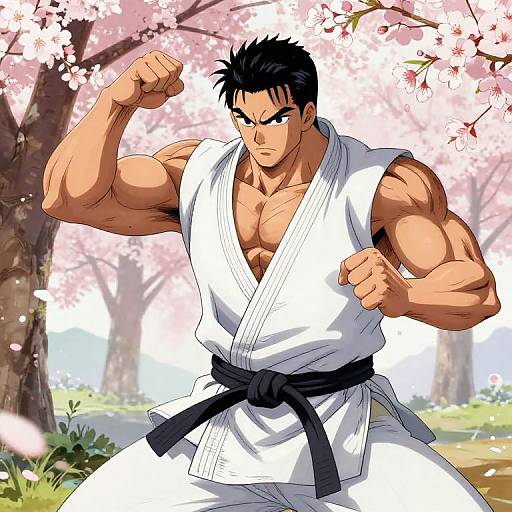 Muscular anime man in white karate gi, fists raised, standing under cherry blossoms. Digital art, bold colors, dynamic pose.