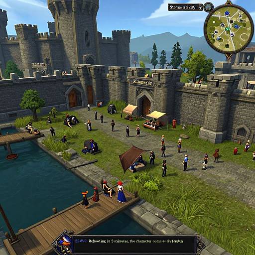 Digital medieval village scene with castle, people in period clothing, tents, and a river; game interface in top right corner.