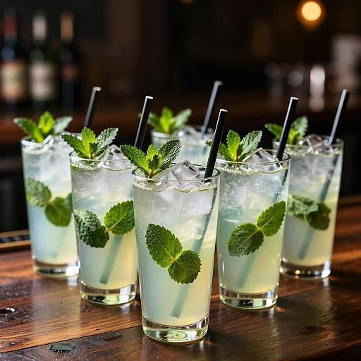 Photograph of five clear, ice-filled glasses with green mint leaves and black straws, arranged on a wooden bar surface.