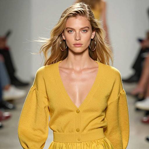 Blonde Model in Yellow Sweater Dress on Runway
