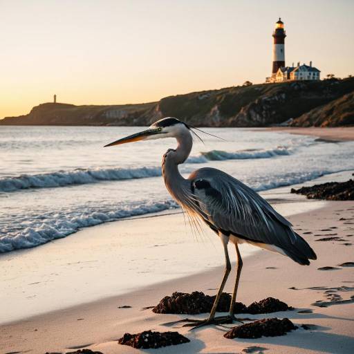 Great Blue Heron on Beach at Sunset