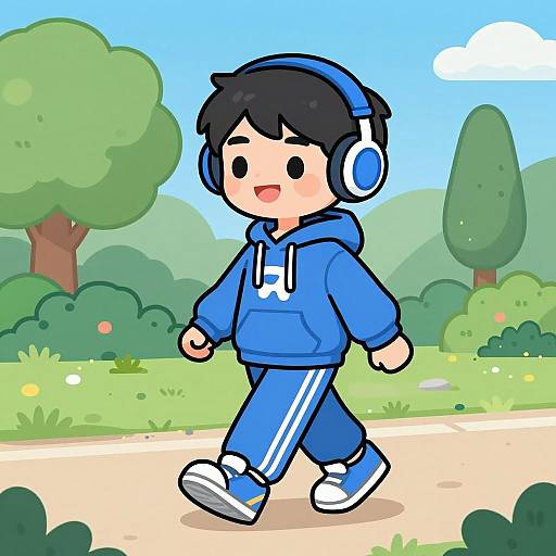 Cartoon boy walking with headphones
