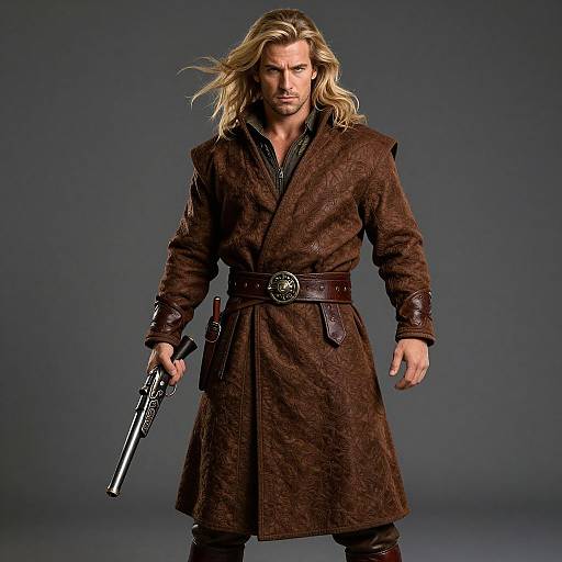 Photograph of a rugged, blonde-haired man in a brown, textured coat, black shirt, holding a silver revolver, dark gray background.