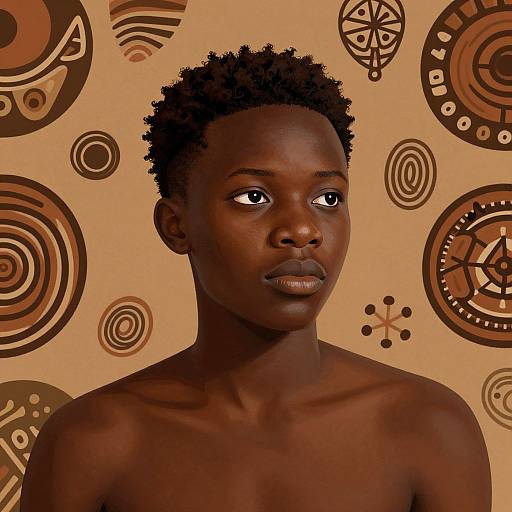 Digital portrait of a topless, dark-skinned, young Black man with short, curly hair, looking slightly to the side, against a beige background