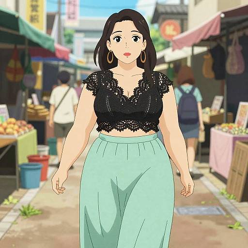 Digital anime-style drawing of a plus-sized woman with black lace top, mint green pants, large earrings, walking in a bustling outdoor market.