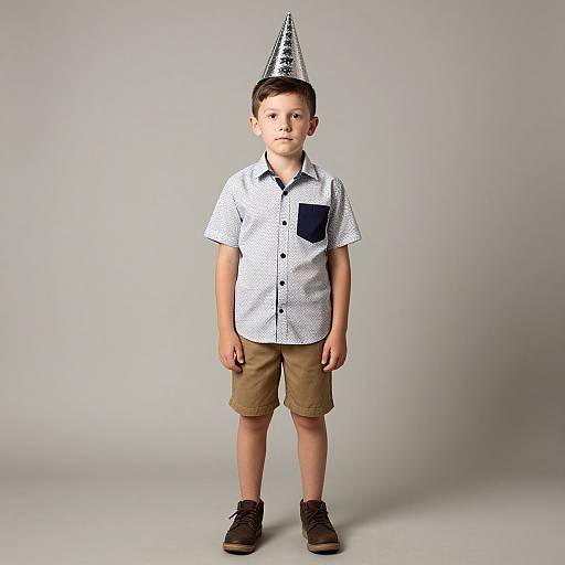 Photograph of a young boy with short brown hair, wearing a silver party hat, white polka-dot shirt, khaki shorts, and brown shoes