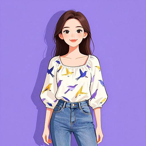 Digital anime-style drawing of a smiling young woman with long brown hair, wearing a white bird-patterned blouse and blue jeans, against a solid purple background