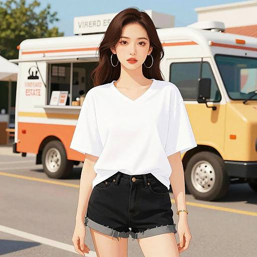 Chic Pear-Shaped Woman at Food Truck Rally