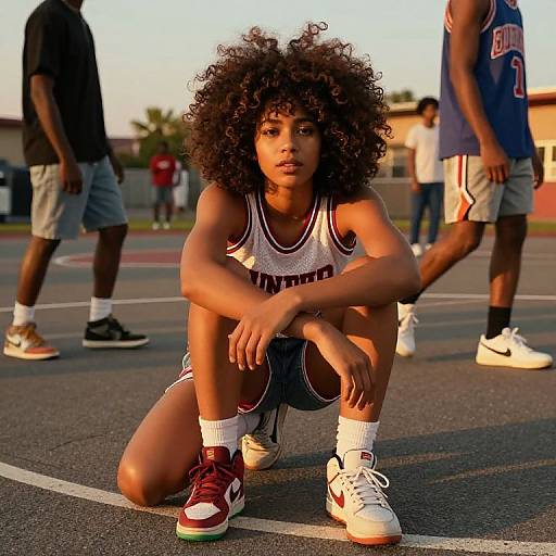 Photograph of a young Black woman with curly hair, squatting on an outdoor basketball court in a white tank top and maroon sneakers, surrounded by