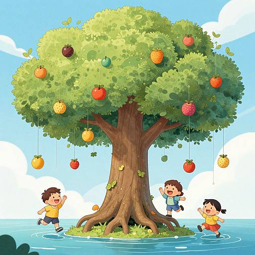 Digital illustration of children playing under a fruit tree with apples, oranges, and strawberries hanging, surrounded by water and blue sky.