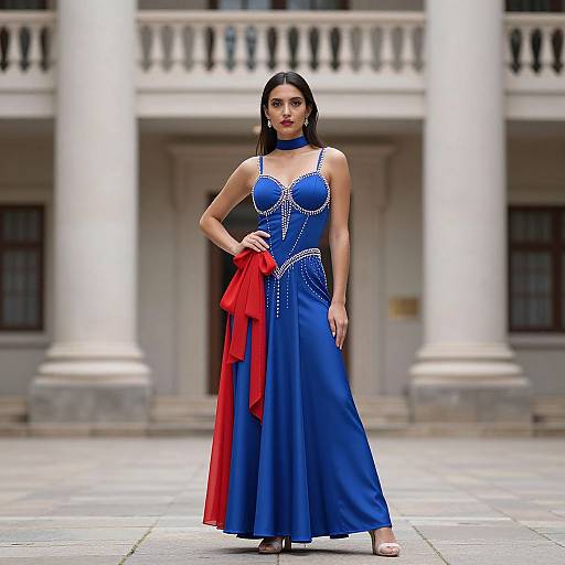 Photograph of a slender woman with long black hair in a blue evening gown with red sash, standing confidently in front of a classical building with white