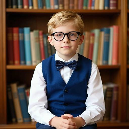 Photograph of a young boy with blonde hair, black glasses, wearing a white shirt, blue vest, and polka-dot bowtie, standing in