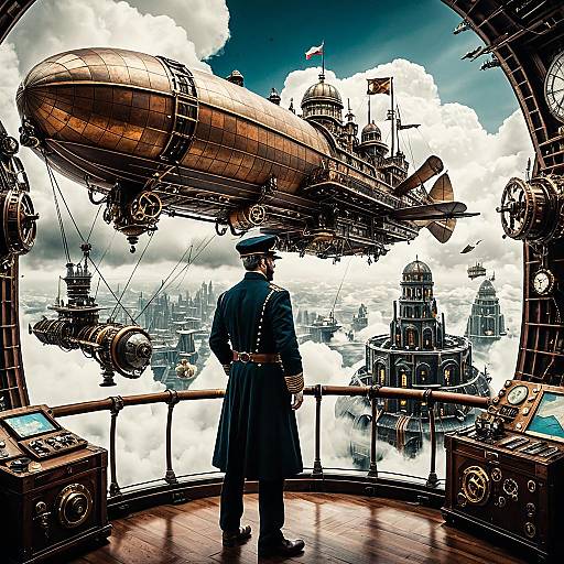 Steampunk Airship Captain in Mechanical Cloud City