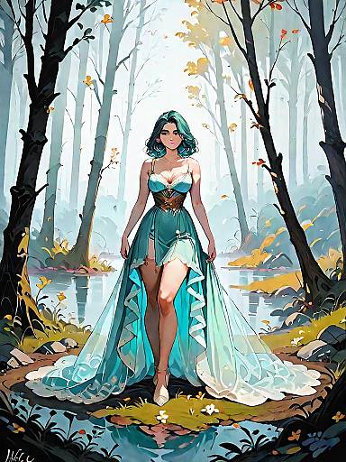 Dark Fantasy Woman in Emerald Green Satin Dress