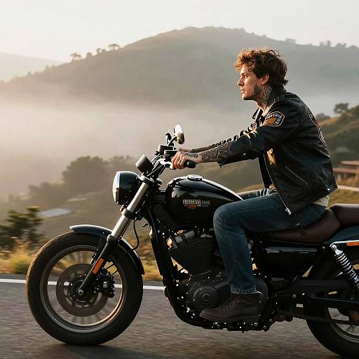 Photograph of a curly-haired man in a black leather jacket riding a black motorcycle on a misty, mountainous road at sunrise.